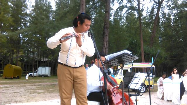 Flute and cello duet play tango music on the beach. смотреть онлайн