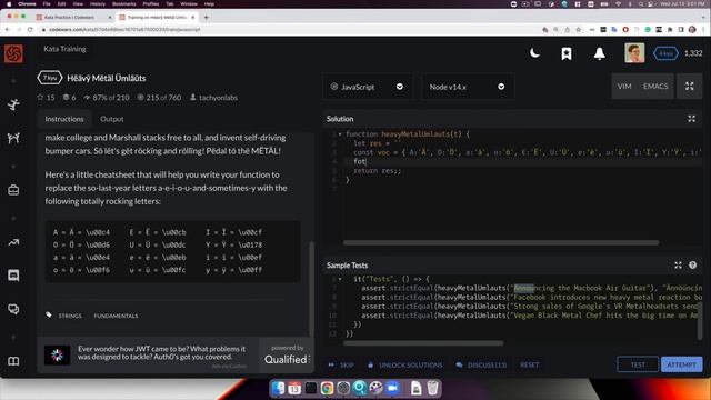 РЕШЕНИЕ задания Codewars на JavaScript. Заменить буквы в строке. Hëävÿ Mëtäl Ümläüts смотреть онлайн