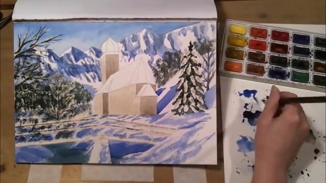 Зимний пейзаж акварелью. Часть 2 смотреть онлайн