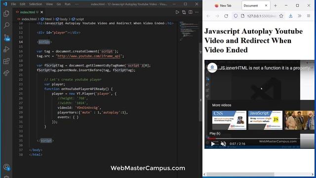 Javascript Autoplay Youtube Video and Redirect When Video Ended смотреть онлайн