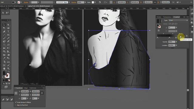 черно белый портрет рисунок с помощью планшета Wacom в векторе в программе Illustrator смотреть онлайн