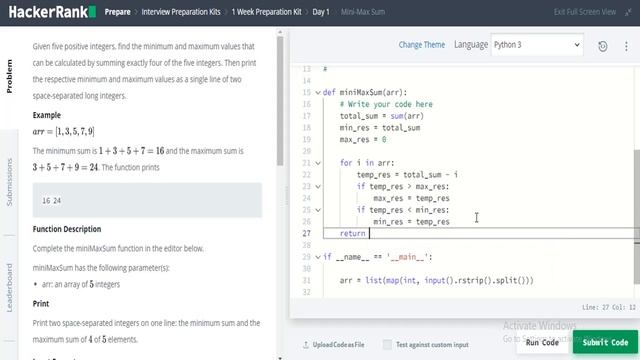 HackerRank | 1 Week Preparation Kit | Mini-Max Sum problem | Day 1 | Python solution смотреть онлайн