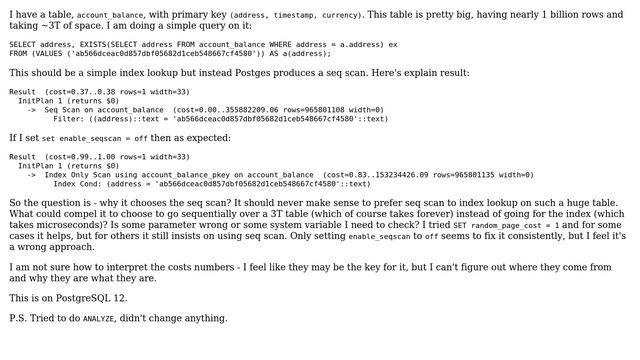 Databases: PostgreSQL chooses to seq scan huge table instead of index lookup смотреть онлайн