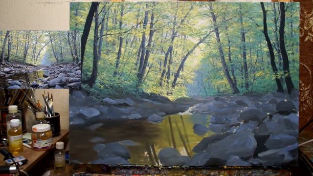 Oil painting process "Afips River" 50x70 cm. Artist Alik Oleynik. смотреть онлайн