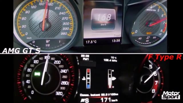 Динамика разгона от 0 до 250 км\ч AMG GT S VS F-Type R смотреть онлайн