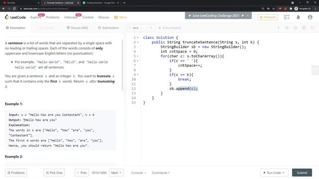 LeetCode 1816 | Truncate Sentence | Count Space | Java смотреть онлайн