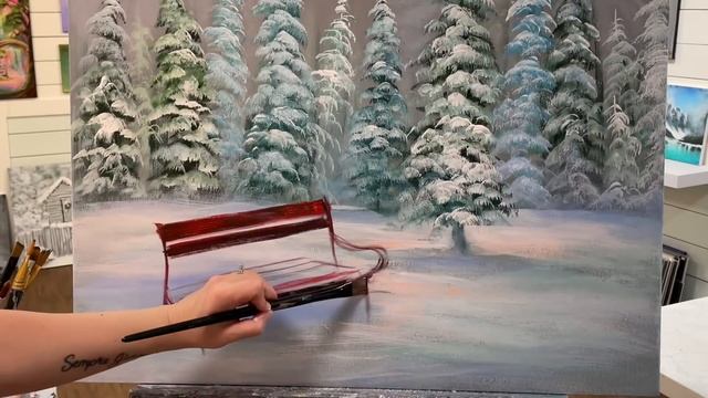 How To Paint A SNOW COVERED BENCH acrylic painting tutorial смотреть онлайн