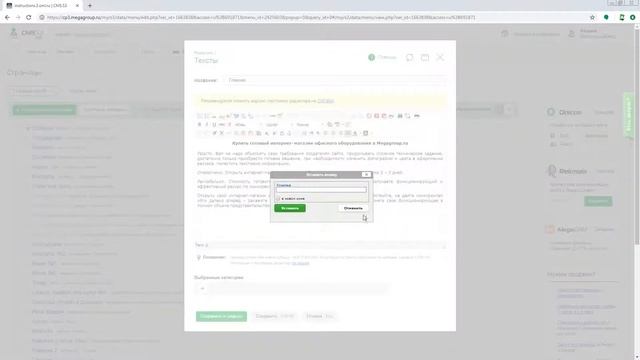 Вставка кнопки в текстовом редакторе CMS.S3 от Мегагрупп.ру смотреть онлайн