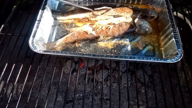 Форель на гриле. Жареный картофель с грибами в казане на костре. смотреть онлайн