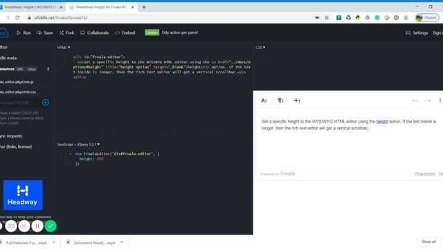 Predefined height for Froala WYSIWYG Editor V3 JSFiddle смотреть онлайн