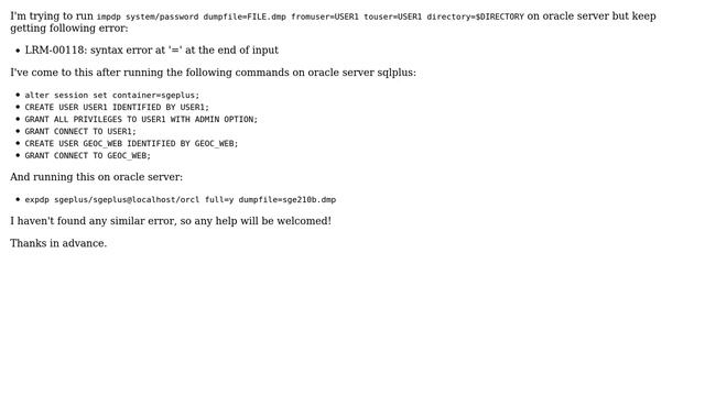 Databases: Oracle db impdp command syntax error (2 Solutions!!) смотреть онлайн