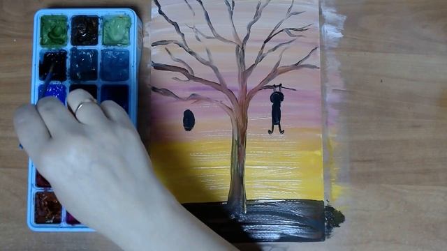 Котики на ветках. Гуашь, без предварительного рисунка. смотреть онлайн