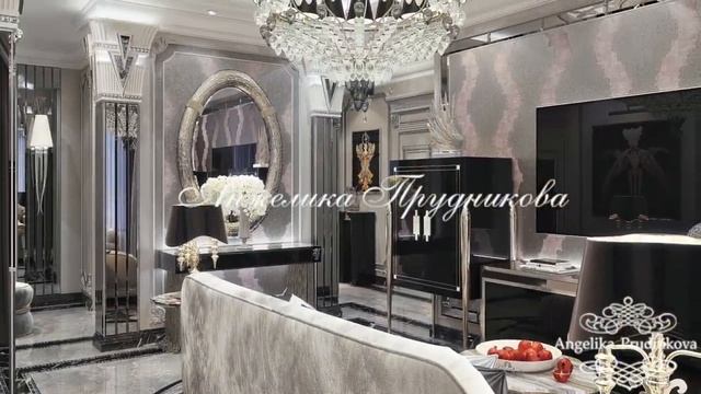 Роскошный интерьер кухни-гостиной. Уютная столовая зона с люстрой-музыкальным центром. смотреть онлайн