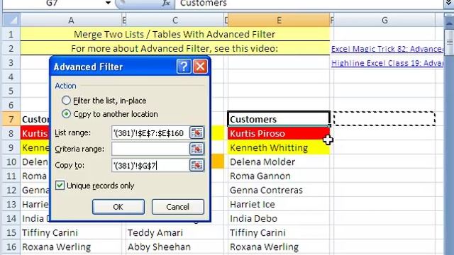 Excel Magic Trick 381: Merge Two Lists Tables w Advanced Filter and Remove Duplicates Feature смотреть онлайн