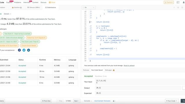 Leet Code - 1. Two Sum [Easy] [Golang] смотреть онлайн