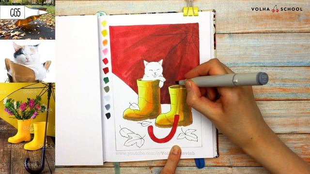 Как нарисовать котенка, зонт и резиновые сапожки? / Видео-урок по рисованию маркерами #98 смотреть онлайн