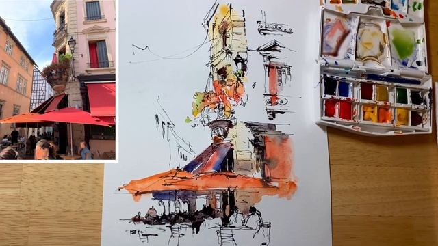 Watercolor on ink sketch/Urban sketching demo/Loose style sketch/Fountain pen sketch смотреть онлайн