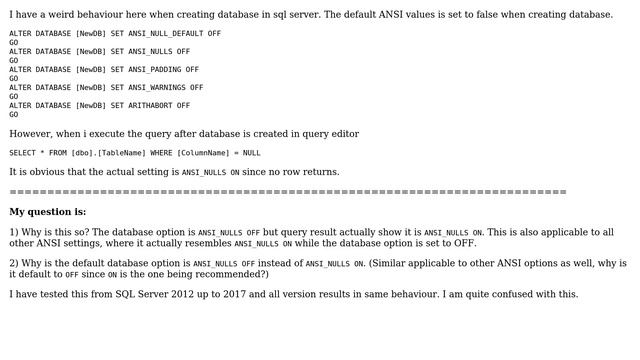 Databases: ANSI NULL OFF By Default in database option смотреть онлайн
