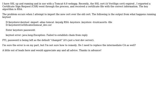 DevOps & SysAdmins: Issue replacing SSL certificate with renewed one on Tomcat 6.0 (using keytool) смотреть онлайн