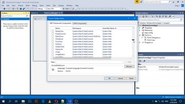 How to show toolbox and solution explorer and properties in visual studio