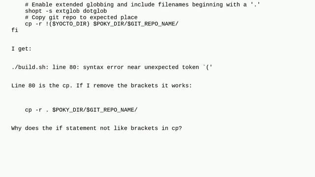 Unix: Syntax error when "cp" statement with extended globbing options is moved to an "if" block смотреть онлайн