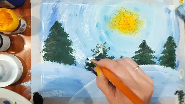 Как нарисовать лес зимой, красками гуашь. Правополушарное рисование, зимний лес. смотреть онлайн