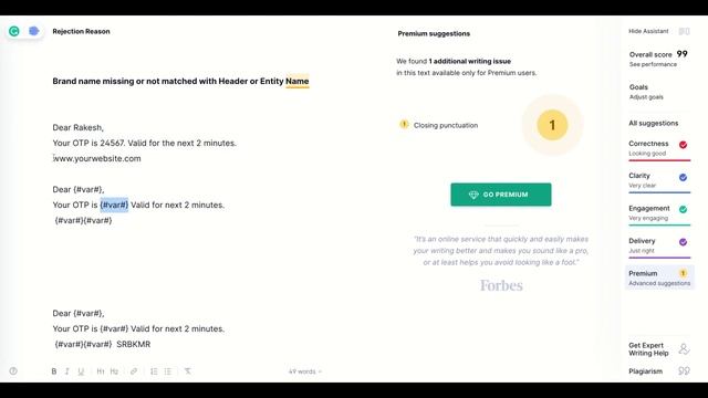 DLT Template Rejection : Brand name missing or not matched with Header or Entity Name смотреть онлайн