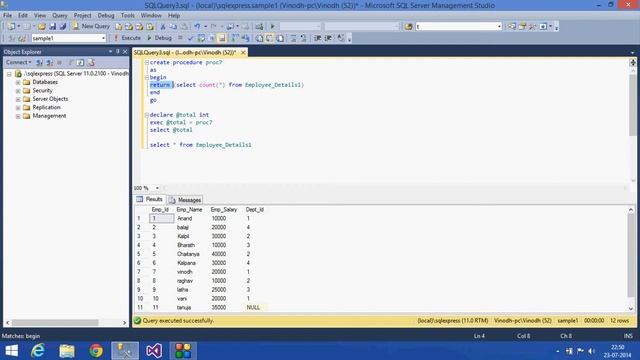 19.SQL Server Tutorial - Telugu (Sp with return Statement and alter ) смотреть онлайн