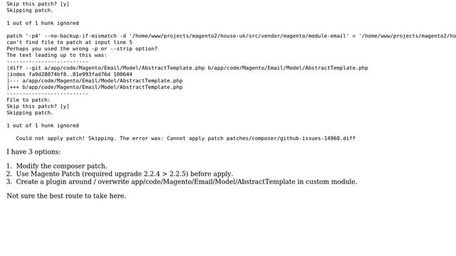 Magento: Magento 2.2.4 Composer Patch Failed: "1 out of 1 hunk ignored" смотреть онлайн