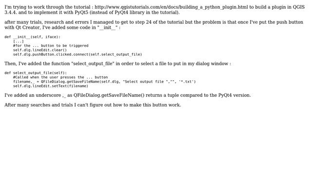 GIS: QGIS 3.4.4 - PyQt 5 - Browsing button doesn't react with QFileDialog.getSaveFileName() смотреть онлайн