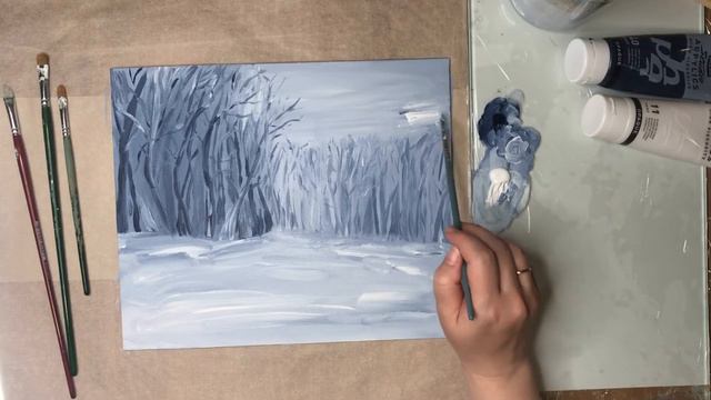 Пишем просто, акрилом. Зимний пейзаж. Мастер-класс. смотреть онлайн