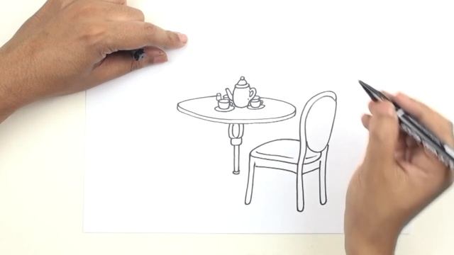 Dining table and Chairs set line drawing. смотреть онлайн