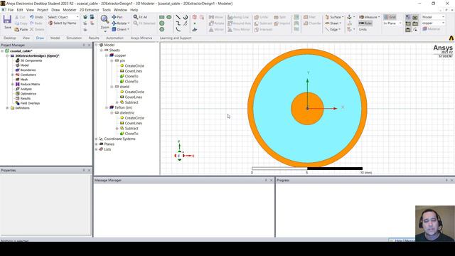 How to design and simulate a coaxial cable cross section in Ansys Student Version