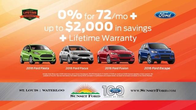 0 plus additional savings available on new Fords only at Sunset Ford of Waterloo Aug 2016