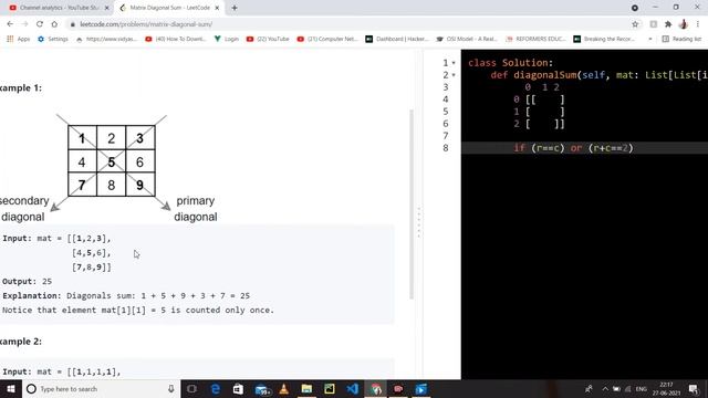 leetcode 1572 Matrix Diagonal Sum | Explanation in Python смотреть онлайн