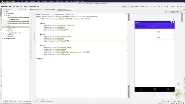Como hacer un menu en android studio Java, crea, añade icon y configura eventos desde cero - Curso смотреть онлайн