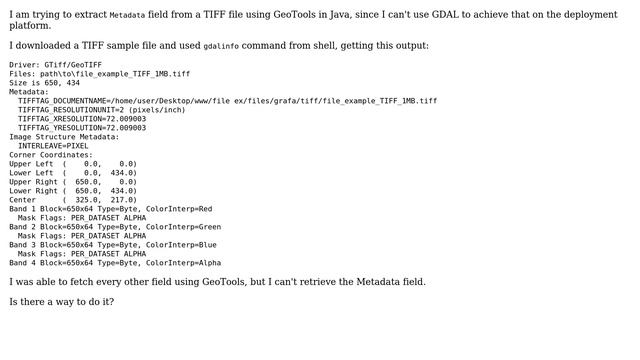 GIS: Extracting GDAL Metadata field but using Geotools in Java with TIFF files смотреть онлайн