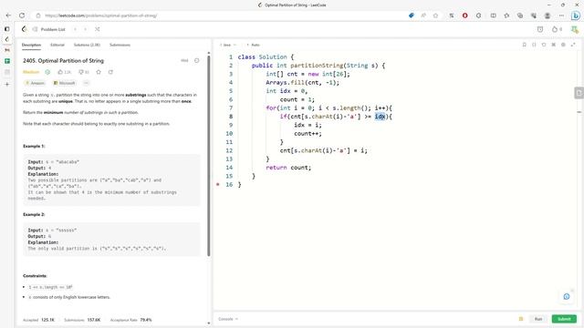 LeetCode 2405 | Optimal Partition of String | Counting Array | Debug | Java смотреть онлайн