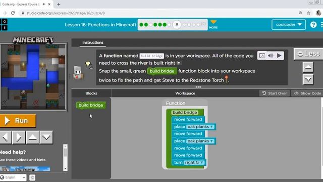 Lesson 16, Functions in minecraft of CS Fundamental Express Course, code.org смотреть онлайн