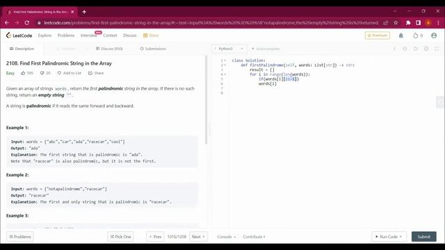 2108. Find First Palindromic String in the Array with Python | Leetcode with Python #tech #leetcode смотреть онлайн