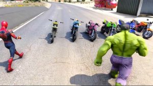 TEAM SPIDER-MAN VS HULK ARMY MOTORCYCLES RACE CHALLENGE - GTA V MODS