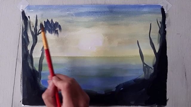 Гуашью рисовать очень просто. Черный, синий, желтый и белый. Пейзаж гуашью. Рисуем пейзаж. смотреть онлайн