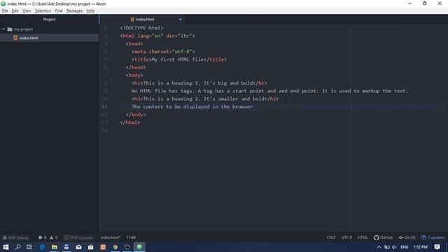 Atom - creating the first project and HTML file смотреть онлайн