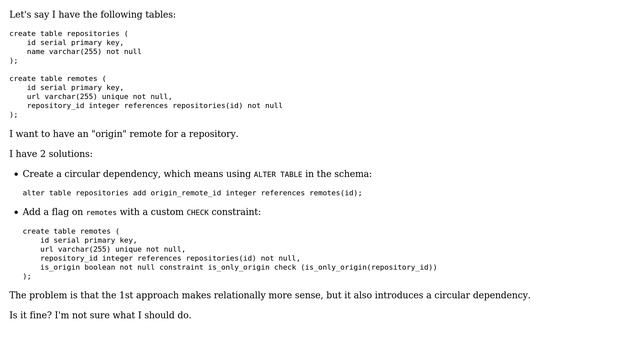 Databases: Circular dependency in schema or boolean with CHECK? смотреть онлайн