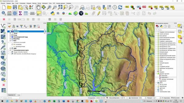 Построение водосборов озёр в QGIS
