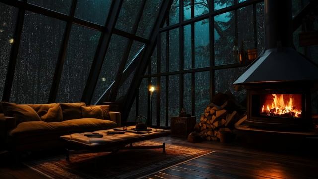 Attic Cabin Fireplace Serenity With Rain On Window - ASMR Rain Sounds For Ultimate Relaxation