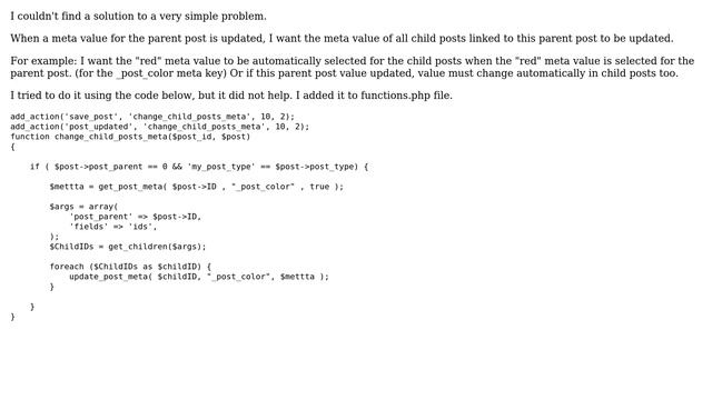 Wordpress: How to update/add child posts meta whenever the parent post meta is updated? смотреть онлайн