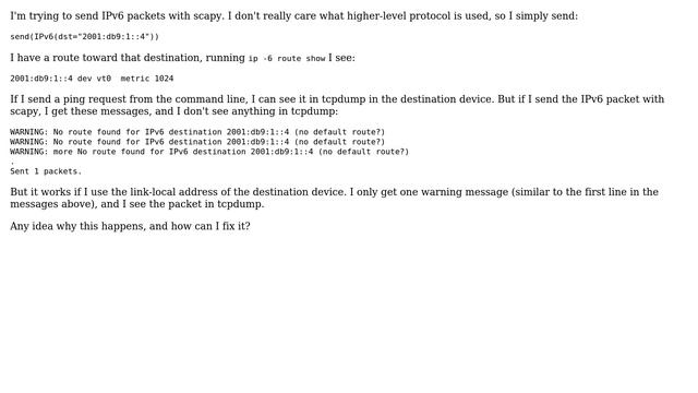Scapy not sending IPv6 packets with global scope destination address смотреть онлайн