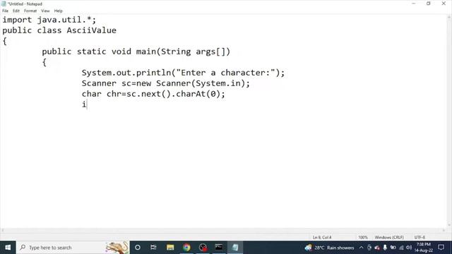 JAVA PROGRAM TO PRINT ASCII VALUE OF A CHARACTER