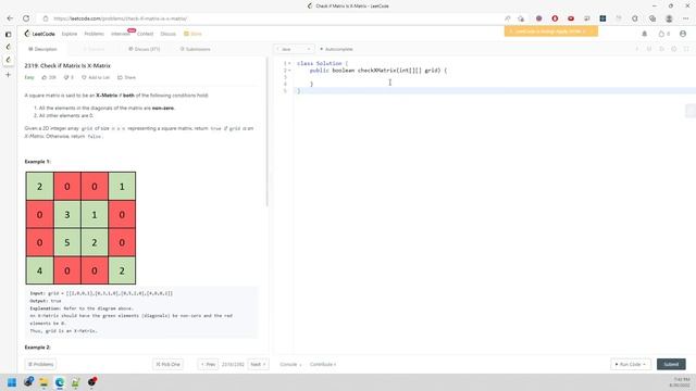 LeetCode 2319 | Check if Matrix Is X-Matrix | Matrix | Java смотреть онлайн